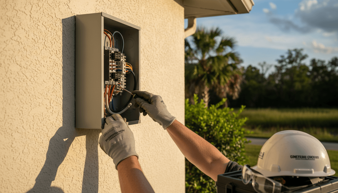 Licensed electrician installing electrical panel on residential home