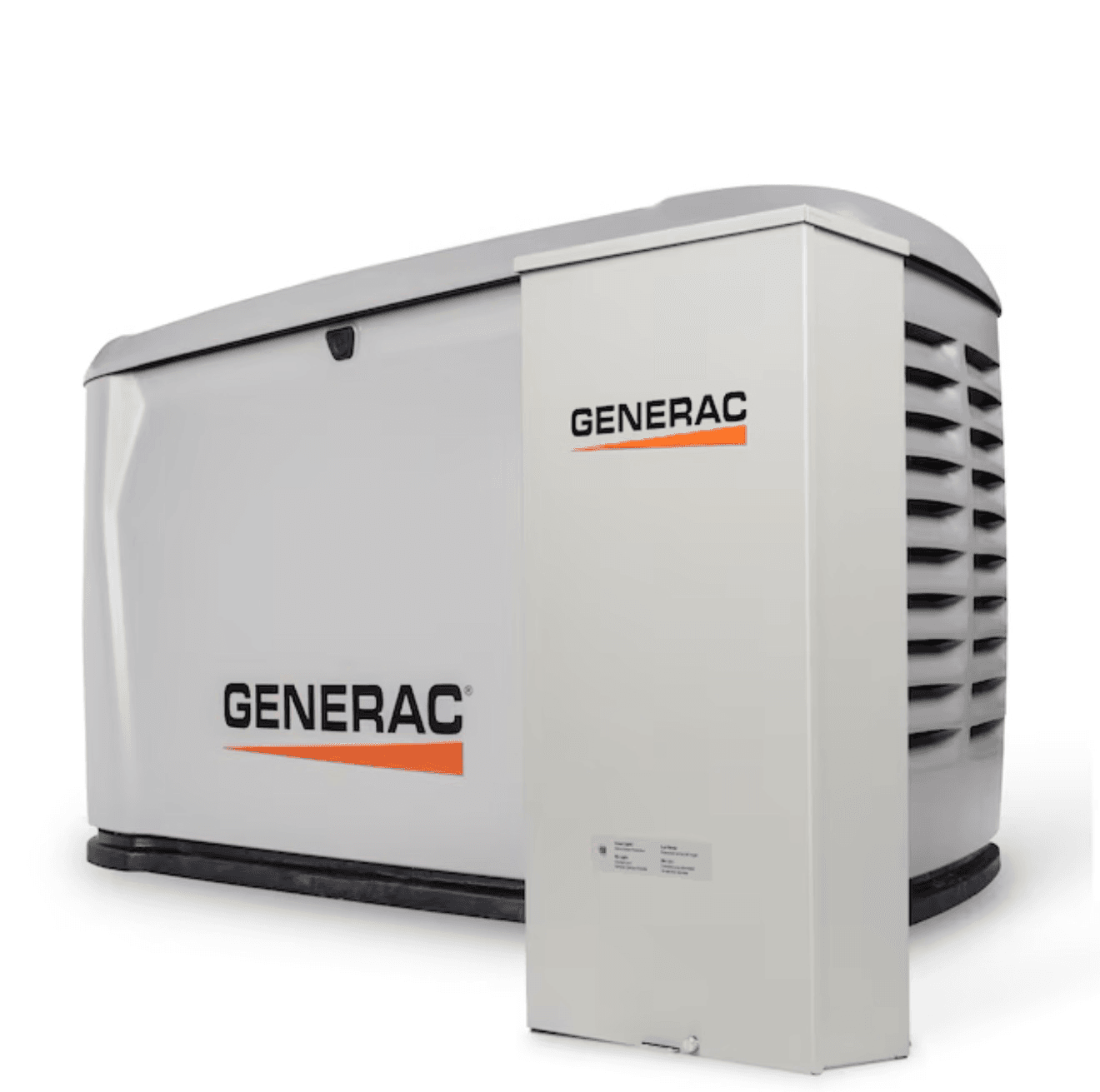 Light gray Generac home standby generator paired with a tall, white automatic transfer switch.